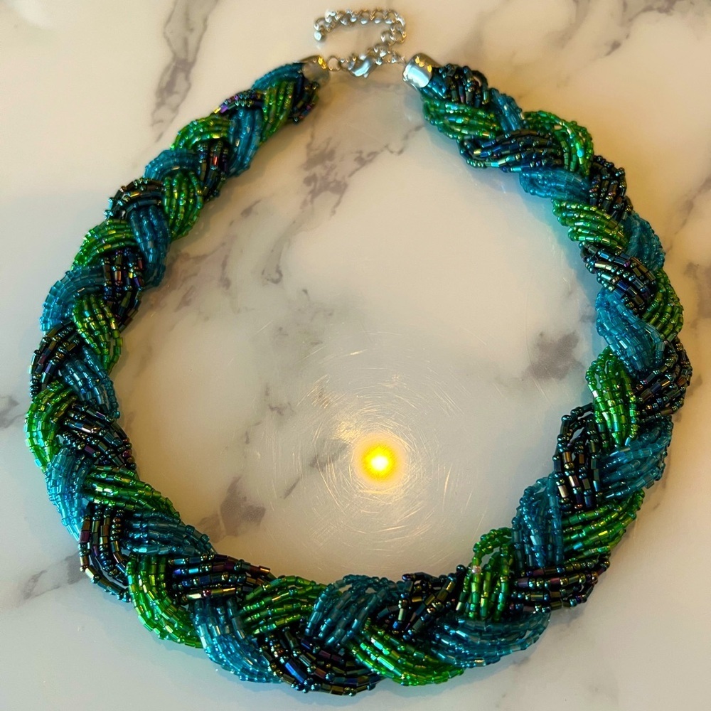 Vintage Braided Bead Necklace, Green, Blue and Irridescent
